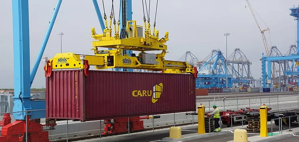 Cargo vessel being loaded at a container terminal