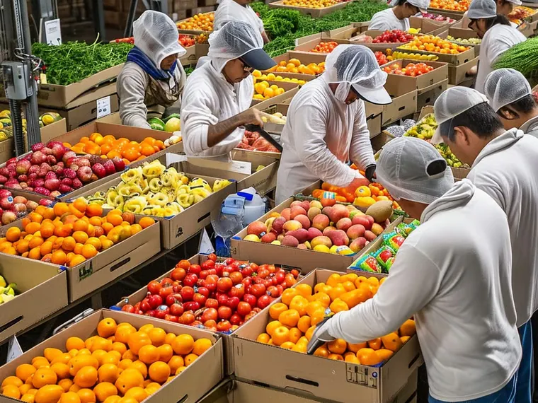Workers grading and packing fresh fruit at a packing house