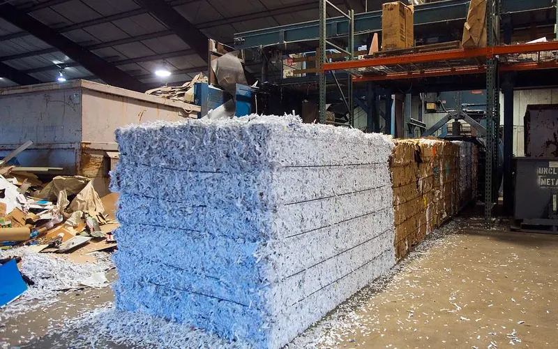 Baled recycled paper stacked in a warehouse
