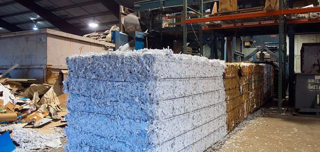 Bales of recycled paper stacked in a warehouse
