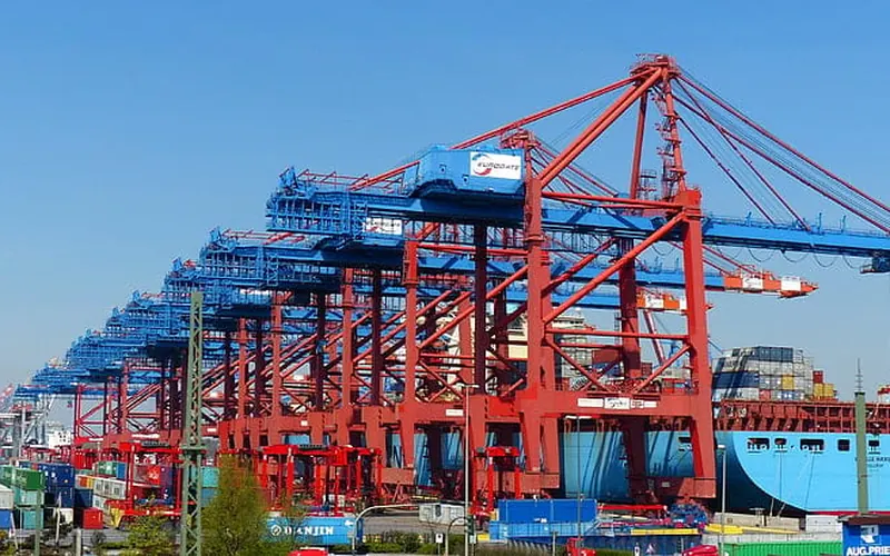Container terminal with gantry cranes and a cargo vessel