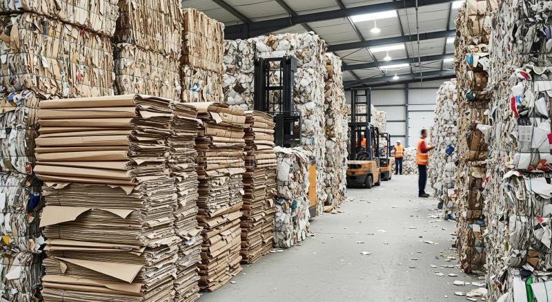 Recycled paper bales in warehouse